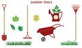 Set - shovel, rake, wheelbarrow, watering can, grass - isolated - flat style - vector. Gardening Supplies