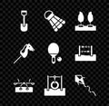 Set Shovel toy, Badminton shuttlecock, Forest, Seesaw, Car tire hanging rope, Kite, Toy horse and Racket and ball icon