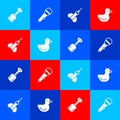 Set Shovel toy, Microphone, Dart arrow and Rubber duck icon. Vector