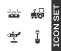 Set Shovel toy, Seesaw, Swing plane and Toy train icon. Vector