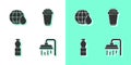 Set Shower head, Earth planet in water drop, Bottle of and Water filter cartridge icon. Vector