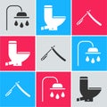 Set Shower head, Toilet bowl and Straight razor icon. Vector