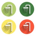 Set Shower head with water drops flowing icon isolated with long shadow background. Color circle button. Vector Royalty Free Stock Photo