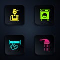 Set Shower, Plumber, Broken pipe and Washer. Black square button. Vector