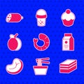 Set Shrimp, Asian noodles in bowl, Piece of cake, aper package for milk, Steak meat, Plum fruit, Muffin and Salami