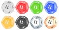 Set of 12 sided die, dodecahedron dice, various colors. 3D rendering