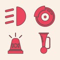 Set Signal horn on vehicle, High beam, Car brake disk with caliper and Flasher siren icon. Vector Royalty Free Stock Photo