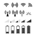 Set of signal vector icons isolated. Vector level of battery or charging isolated signs. Vector wifi signs Royalty Free Stock Photo