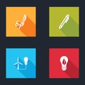 Set Signature, Pen, Light bulb with wind turbine and leaf icon. Vector Royalty Free Stock Photo