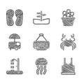 Set Signboard with text Hotel, Jellyfish, Sleeveless T-shirt, Crab, Beach shower, Fast street food cart, Ice bucket and