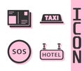 Set Signboard with text Hotel, Passport with visa stamp, Location with SOS and Taxi car roof icon. Vector.