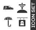 Set Signboard tombstone, Hearse car, Umbrella and Grave with cross icon. Vector Royalty Free Stock Photo