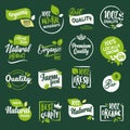 Set of signs and elements for organic food and drink, restaurant, food store, natural products, farm fresh food, e-commerce Royalty Free Stock Photo