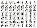 A set of basic signs that are used in public places. Black and white monochromatic signs on a white background