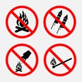 Set of signs prohibiting fire, prohibited fireworks,