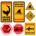 Set of signs with shark. Danger. Shark zone. Sign with shark fin.