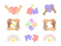 Set of signs and symbols of friendship - joined hands, hearts, puzzle elements. International friendship day