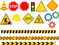 Set of signs and symbols under construction on white background. Traffic road repair barriers set. flat style Royalty Free Stock Photo