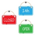 Set of signs with text Open, Closed, 24 hours. Vector illustration. Royalty Free Stock Photo