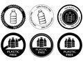 A set of signs with text Plastic free . Icon or stamp with text Plastic free for a different package. Biodegradable symbol. Round