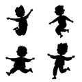 Set of silhouette children boys standing in different poses, jumping