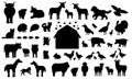 Set of silhouette cartoon farm animals. Vector collection of wooden barn, donkey goose cow bull pig hog chicken hen rooster goat Royalty Free Stock Photo