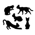 Set of silhouette of cats. Isolated black silhouette of running, sitting, washing, lying, playing cat on white background Royalty Free Stock Photo