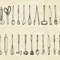 Set of silhouette kitchen tools on paper.