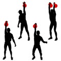 Set silhouette muscular man holding kettle bell. Vector illustration