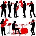 Set silhouette of musician playing the trombone, drummer, tuba, trumpet, saxophone, on a white background