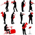 Set silhouette of musician playing the trombone, drummer, tuba, trumpet, saxophone, on a white background Royalty Free Stock Photo