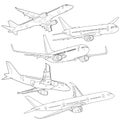 Set silhouette passenger aircraft on a white background