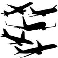 Set silhouette passenger aircraft on a white background