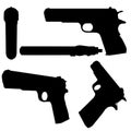 Set with a silhouette of a pistol in various positions isolated on a white background. Vector illustration Royalty Free Stock Photo