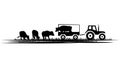 Set of silhouette scenes from farm life with tractor and cows isolated on white background. Rural clipart Royalty Free Stock Photo