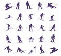 Set of silhouette skiers and snowboarders