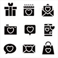Set of silhouette-style love mail icons. Set of black icons on the theme of love Royalty Free Stock Photo