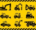 Set of silhouette toys heavy construction machines in a flat style.