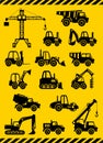 Set of silhouette toys heavy construction and mining machines in a flat style. Vector illustration. Royalty Free Stock Photo