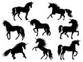 Set of silhouette unicorns. Collection of black and white unicorns. Vector illustration of mythical animals. Figure Royalty Free Stock Photo