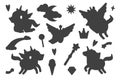 Set of silhouette unicorns. Collection of black and white unicorns. Vector illustration of mythical animals. Figure