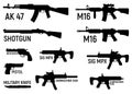 Set of silhouette weapon military rifle, revolver and pistol, shotgun carbine, knife and submachine gun black simple icon vector Royalty Free Stock Photo