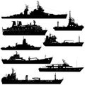 Set silhouette on a white background of a ship military destroyer and a transport ship