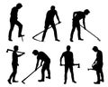 Set silhouette of young man - gardener or farmer with tools in d
