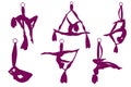 Set. Silhouettes of an aerialist with silk ribbon and hammock. Girl. Aerial Yoga. Stretching exercises