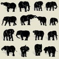 A set of silhouettes of African elephants in various postures