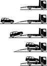 Set of silhouettes auto transporter and car isolated on white background in different positions. Vector illustration.