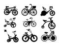 set of silhouettes of bicycles. Set Of Different Types Of Kids Bicycles