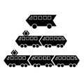 Set of silhouettes of black metro trams and electric trains with two or three cars and bus. Vector icon flat simple