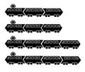 Set of silhouettes of black metro trams and trains with two or three cars. Vector icon flat simple style. Look like